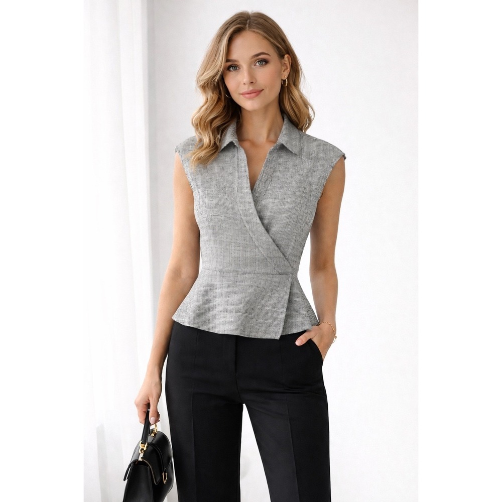 Armani Collezioni Women's Sleeveless Black Beige Checked Wrap Top‎ Vest 6